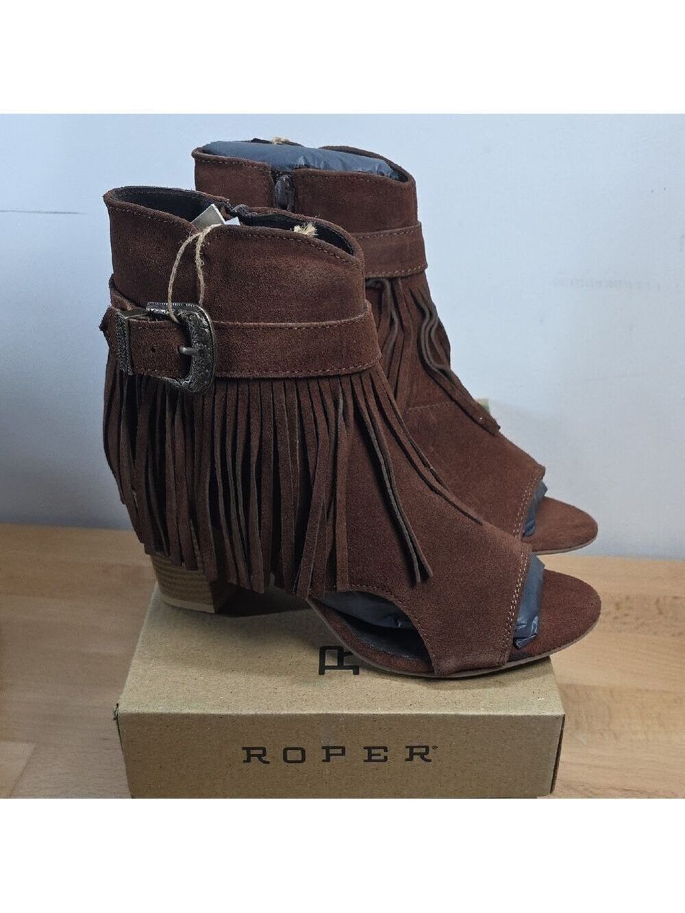 Roper Women's Suede Fringe Ankle Booties - Brown Heel 3" See For Size